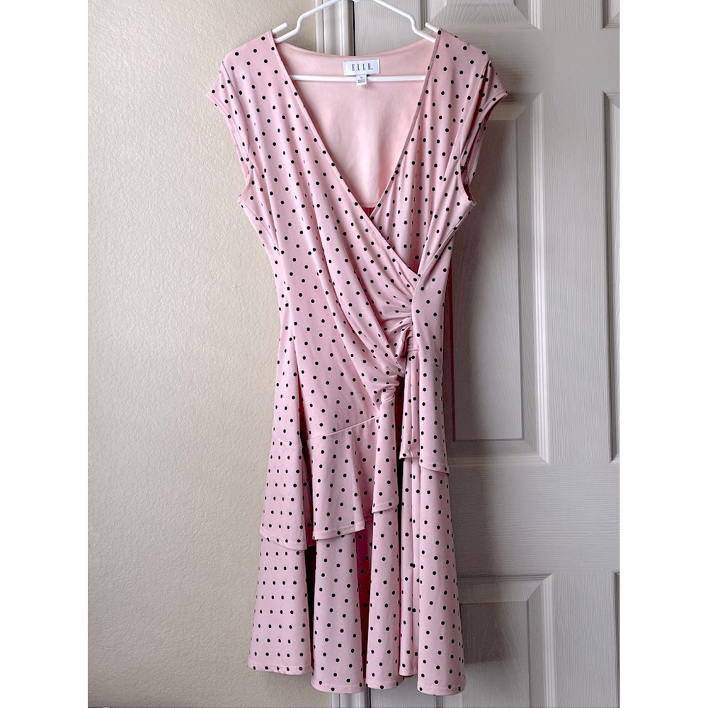 Elle NWOT 60s-Style Tiered Ruffle Polka Dot Dress - Pink